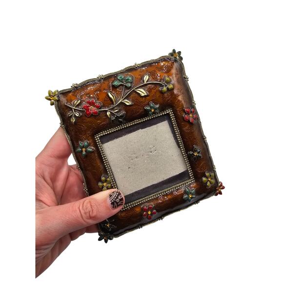 Vintage 1990s Brown Enamel Floral Picture Frame 5.75 X 5" - Picture 4 of 4